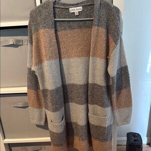 Knox Rose Women's Striped Cardigan Sweater - Gray and Tan